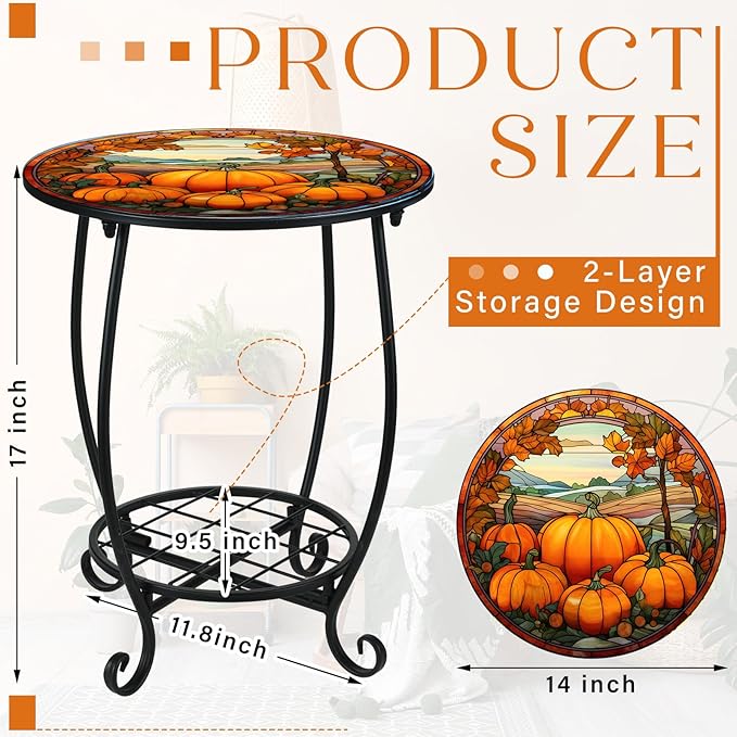 Cinnvoice Outdoor Side Table Round Small Mosaic Patio Accent Indoor End Plant