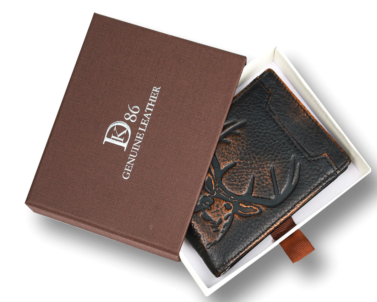 DK86 Mens Deer Slim Wallet with Money Clip Minimalist Bifold Front Pocket wallet for Men RFID Blocking Full Grain Leather with Hand Burnished