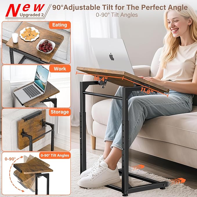 Tv Tray Table, 8-Level Adjustable Height Couch Side Table，90° Tilt Angle
