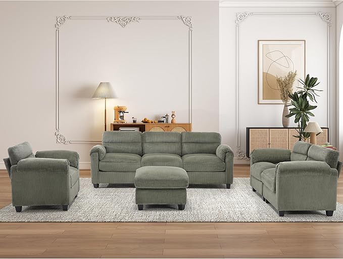 HAOMARKETS Corduroy 4-piece Sofa Set, Upholstered Ottoman, Loveseat 2-Seater