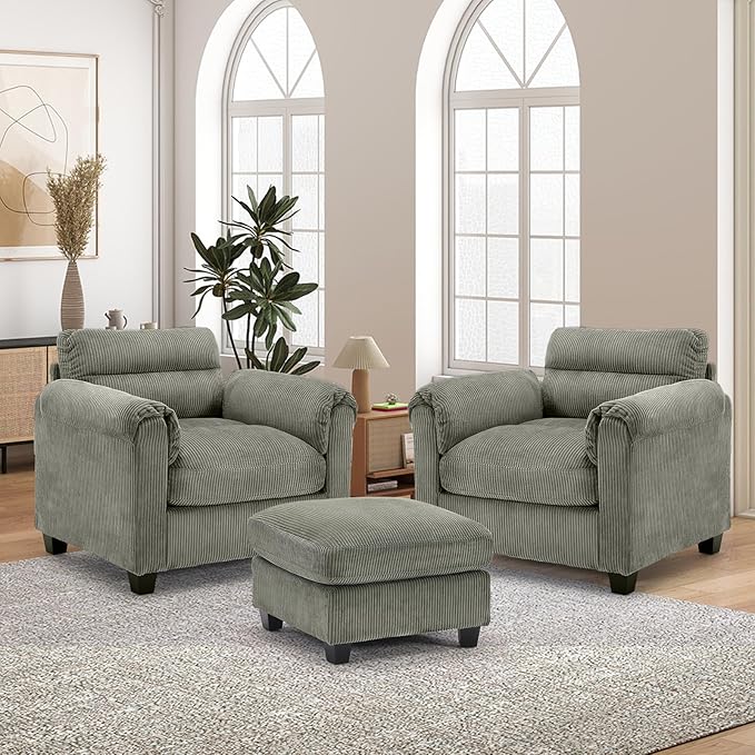 HAOMARKETS Corduroy 3-Piece Sofa Set, Upholstered Ottoman and Accent Chair Sofa