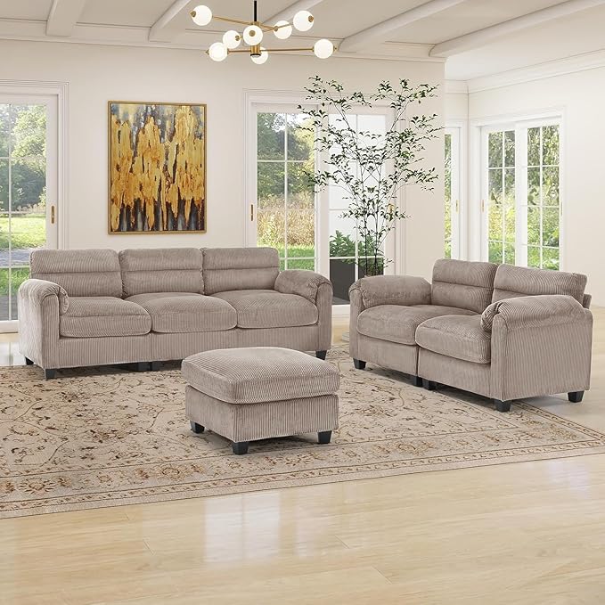 HAOMARKETS Corduroy 3-piece Sofa Set, Upholstered Ottoman, Loveseat 2-Seater