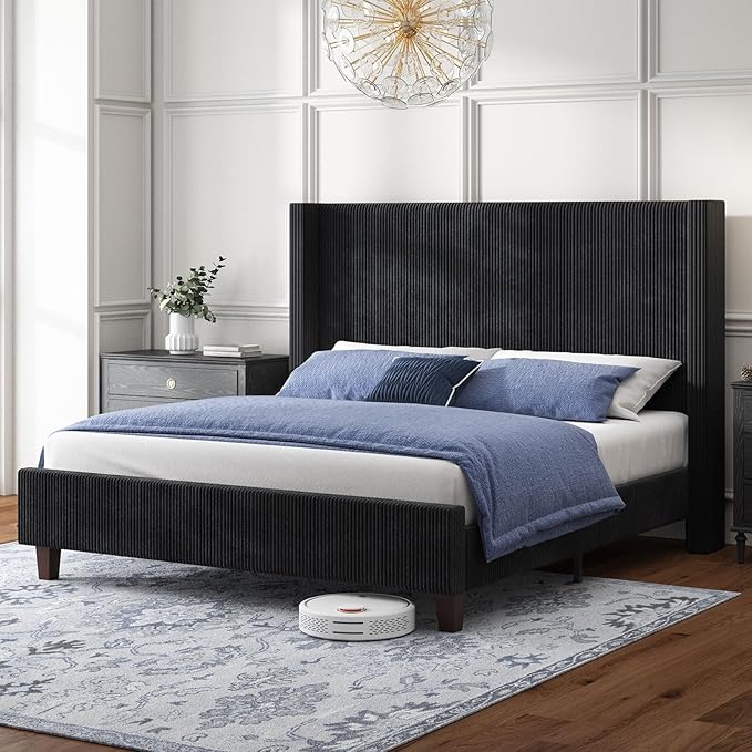 HOWE Queen Size Bed Frame with 50.8" Tall Wingback Headboard, Modern Corduroy