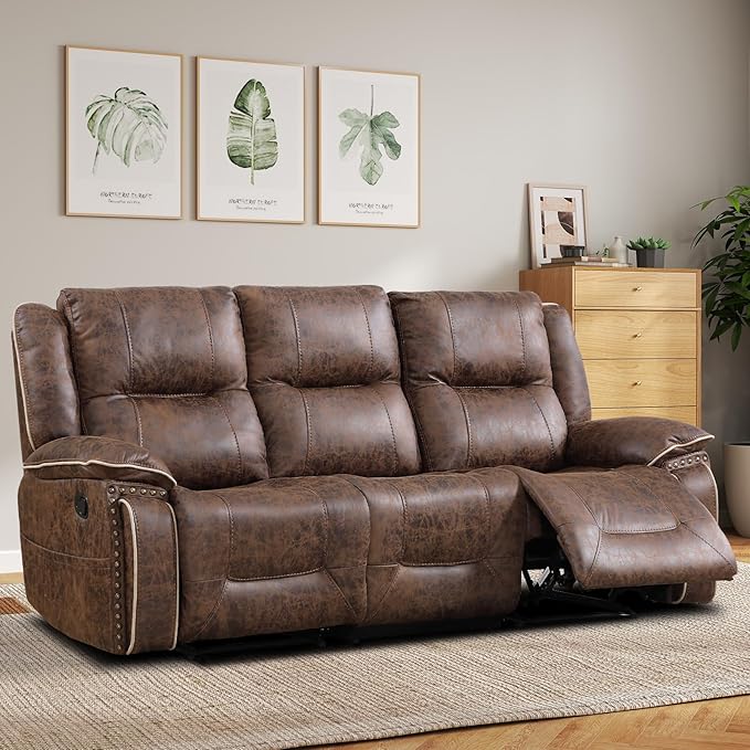 EBELLO Faux Leather Manual Recliner 3 Seater Reclining Sofa Chair, 3 Seat Sofa