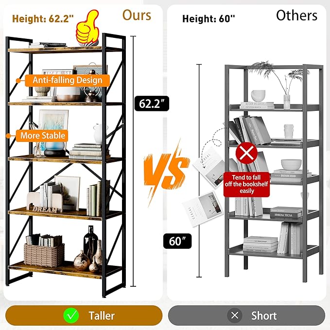 Shintenchi 2 Pieces 5 Tiers Bookshelf, Classically Tall Bookcase Shelf