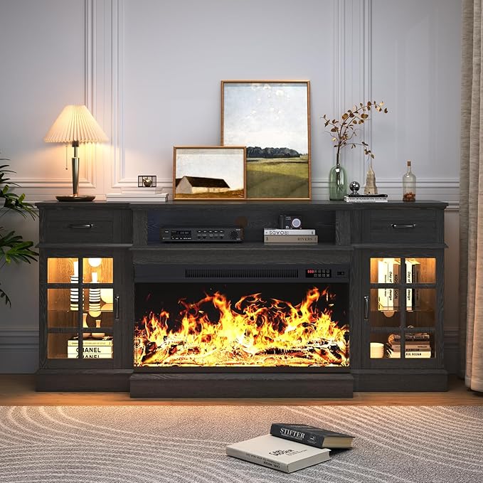 MXV 70" Fireplace TV Stand, 3-Sided Glass Fireplace and Modern Entertainment