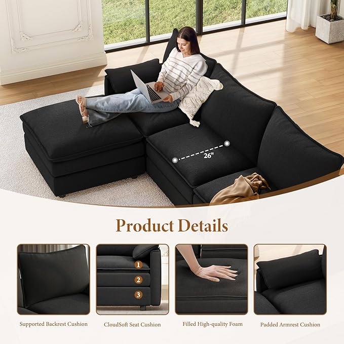 Vesgantti 142" U Shaped Sectional Couch, Comfy Cloud Modular Sectional Sofa