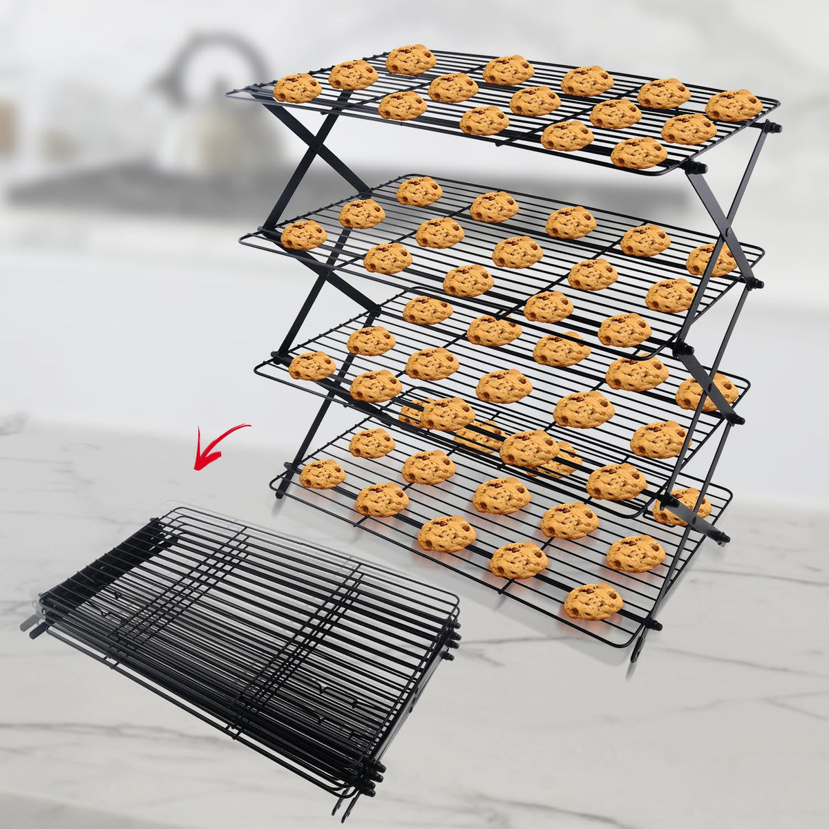 4-Tier Collapsible Cooling Rack For Baking - Expandable & Foldable Cookie Cooling Wire Rack - Baking Rack - Foldable Cooling Rack For Baking Supplies - Premium Quality & Sturdy Legs
