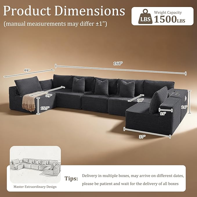 168" Cloud Sectional Couch, Comfort U Shaped Sofa