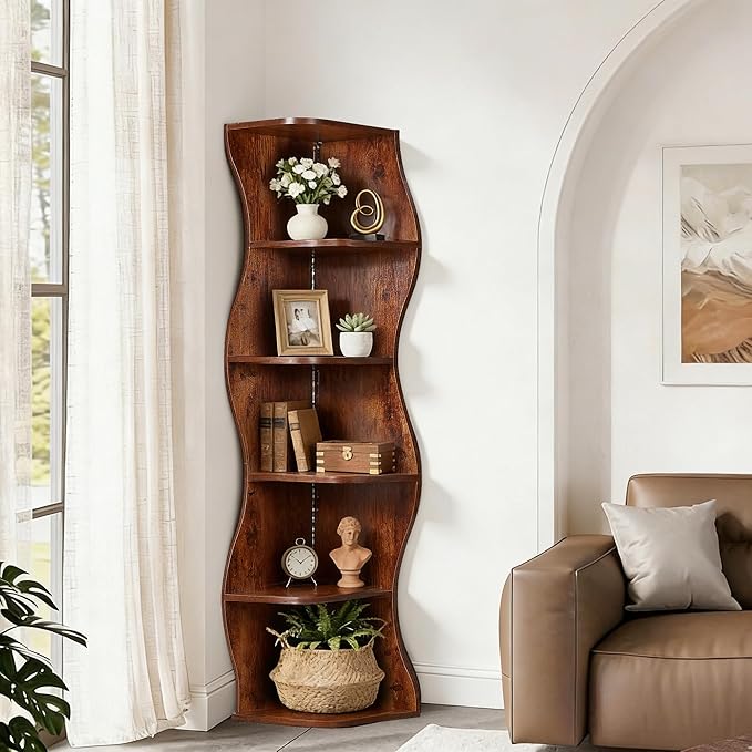 VECELO Wavy Corner Shelf with LED Light, Decorative 6-Tier Corner Display