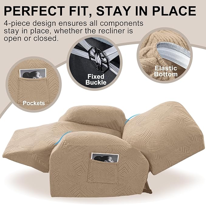 Oversized Recliner Chair Covers, 4-Piece Stretch Geometric Strokes Jacquard