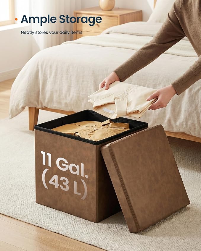 SONGMICS HOME Storage Ottoman, Removable Lid, Foldable Foot Stool, PU Leather