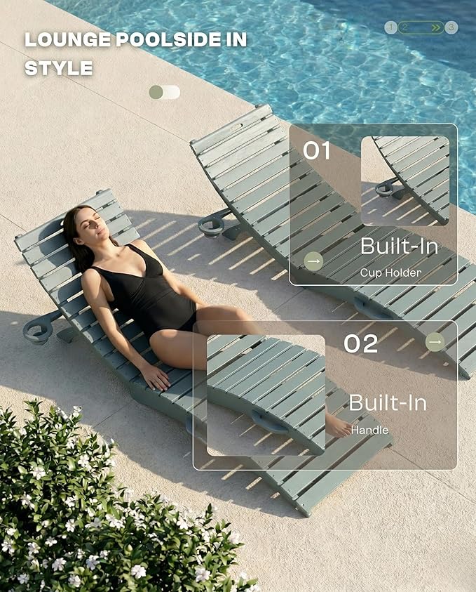 Folding HDPE Pool Lounge Chairs Set of 4, Pre-Assembled Outdoor Chaise Lounge