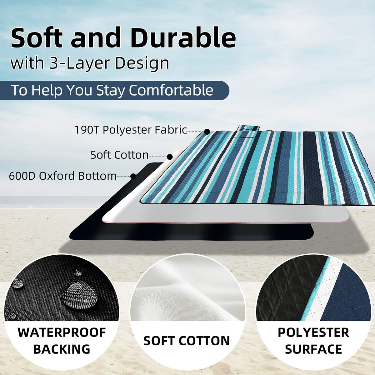 ZAZE Picnic Blankets Beach Blanket, 80''x80'' Extra Large Thick 3-Layers, Sandproof Machine Washable Waterproof Foldable Oversized XL Outdoor Mat, for Camping, Park, Travel, Grass(Blue White Stripe)