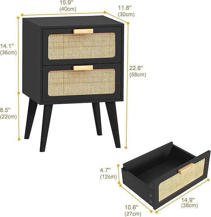 YAUKOMEL Black Nightstand, Wood End Table, Side Table