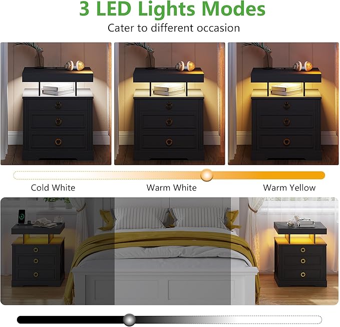 HNEBC Night Stand Set 2 with Gun Drawers, Farmhouse Nightstand with Charging