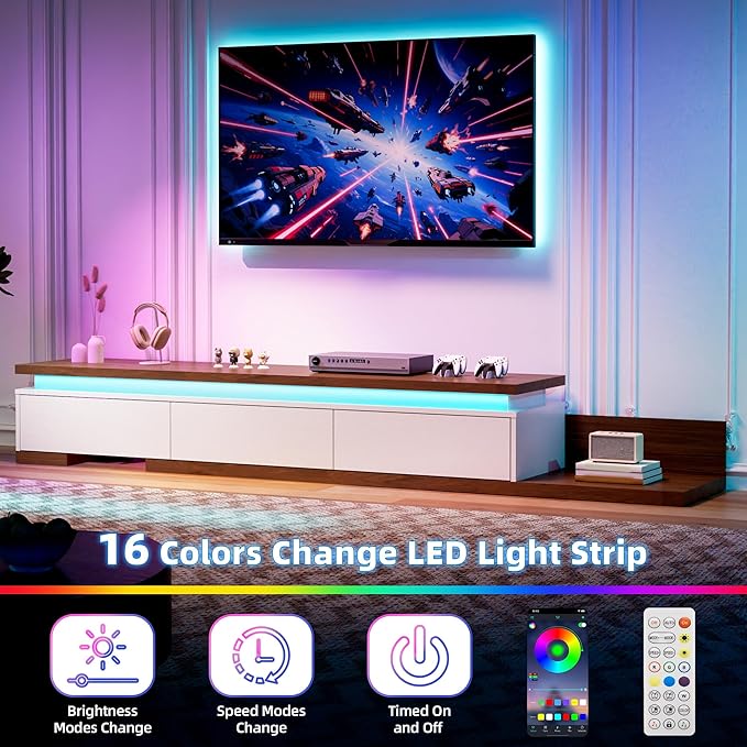Extendable TV Stand with LED Lights, Modern TV Console with 3 Drawers, Wooden