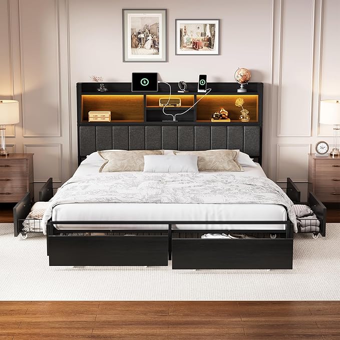 LARMACE King Bed Frame with 6 Storage Drawers, Bed Frame King Size with Linen