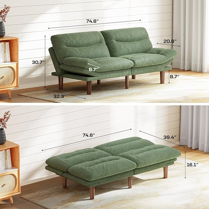 Marsail 75" Futon Sofa Bed, Convertible Corduroy Futon Couch