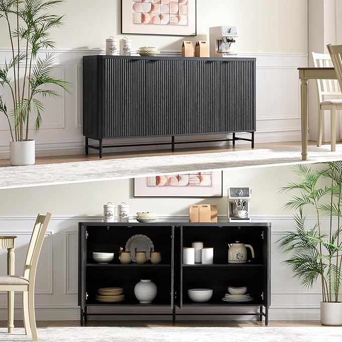 Fatmok 65" Buffet Cabinet with Storage, Fluted Credenza Sideboard with 4 Doors