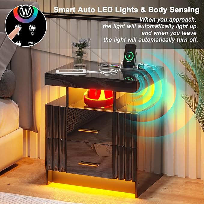 Nightstand with Wireless Charging Station, Smart Night Stand with 2 Drawers