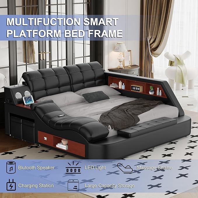 Multifunction Smart King Bed Frame, Luxury Upholstered Platform