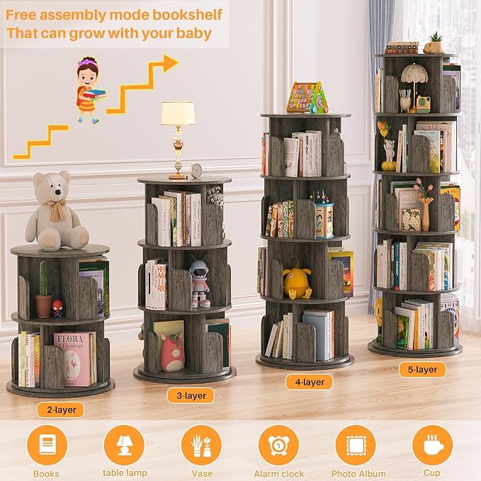 Aheaplus Rotating Bookshelf, 360 Display Wood Spinning Bookshelf Tower