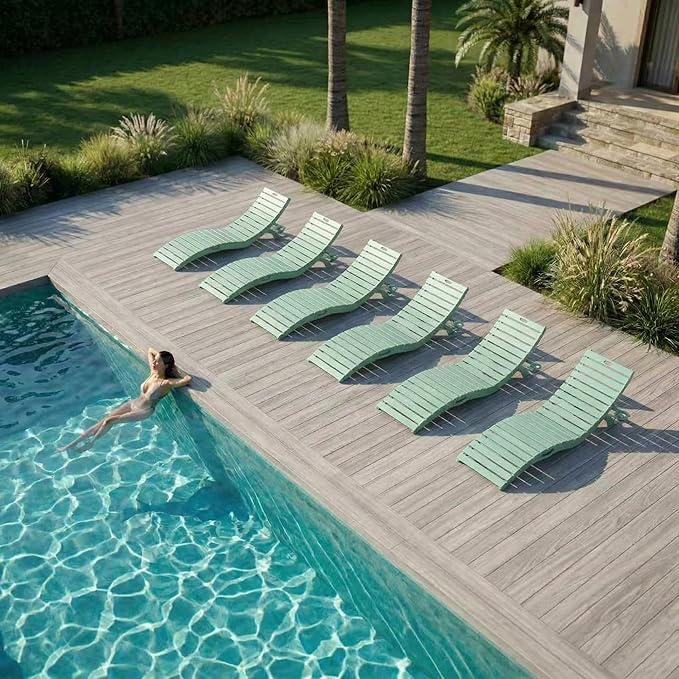 Folding HDPE Pool Lounge Chairs Set of 6, Pre-Assembled Outdoor Chaise Lounge