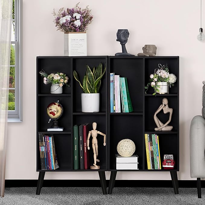 YAHARBO Small Black Narrow Bookshelf, 3 Tier Modern Bookcase