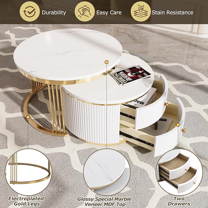 Modern 2 Pieces White Round Nesting Coffee Table