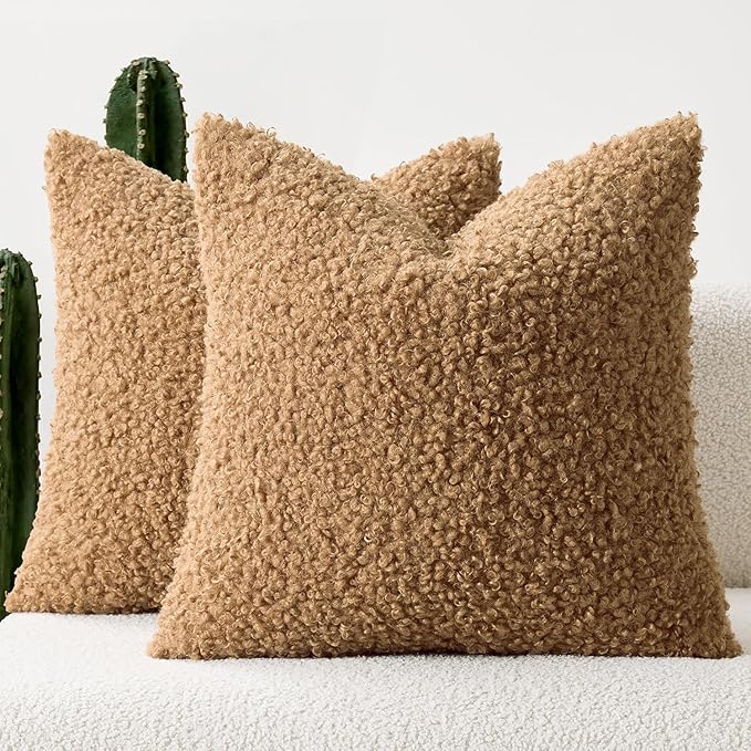 Faux Fur Throw Pillow Covers 18x18 Inch Set of 2 Boucle Neutral Decorative