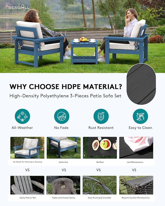 SERWALL HDPE Patio Sofa Set, 3-piece Sectional Outdoor Furniture Set, All