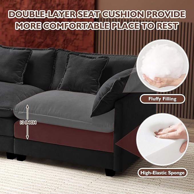 Ihanherry 111.4 Inch 3-Seater Cloud Sofa, Modular Sectional Couch, Modern Deep