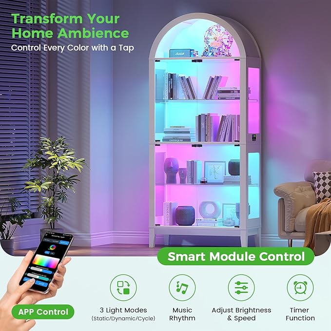 HNEBC Arched Display Case with RGB Lights, LED Curio Cabinet with Shelf