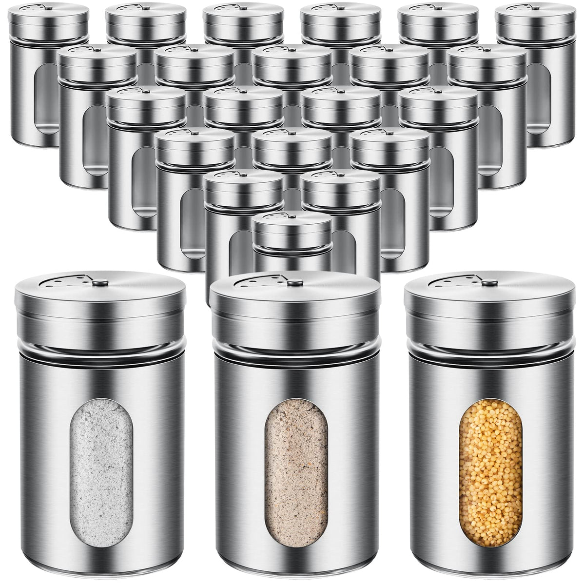 Dandat 24 Pcs Salt and Pepper Shakers Stainless Steel Spice Shakers with Adjustable Pour Holes and Glass Window 3.4oz Salt Dispenser Spice Jars with Rotating Lids for Sugar Seasoning Home