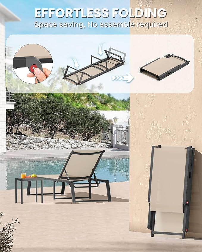 Aluminum Chaise Lounge Chair Outdoor, Foldable& No Assembly Patio Pool Lounge