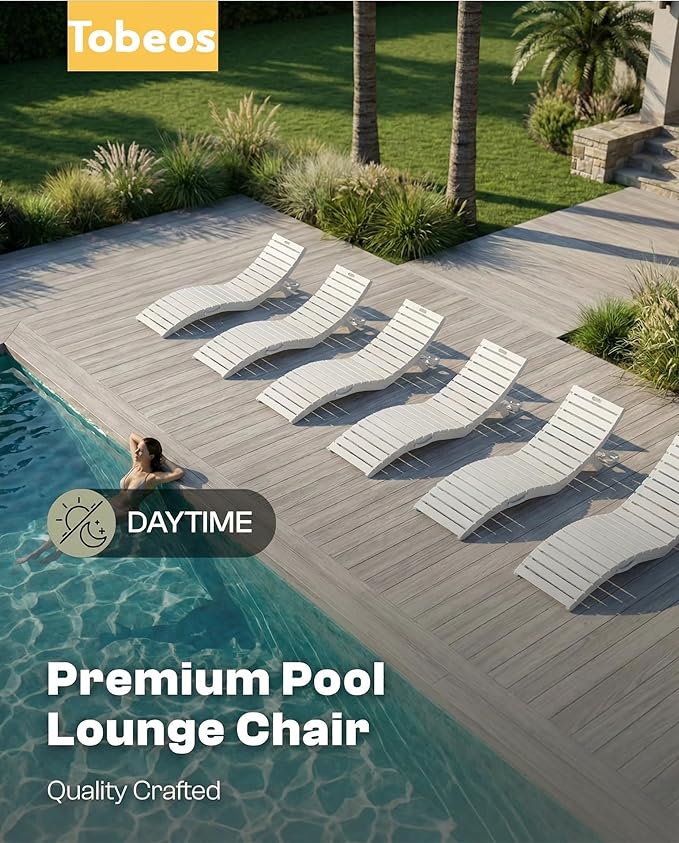 Folding HDPE Pool Lounge Chairs Set of 6, Pre-Assembled Outdoor Chaise Lounge