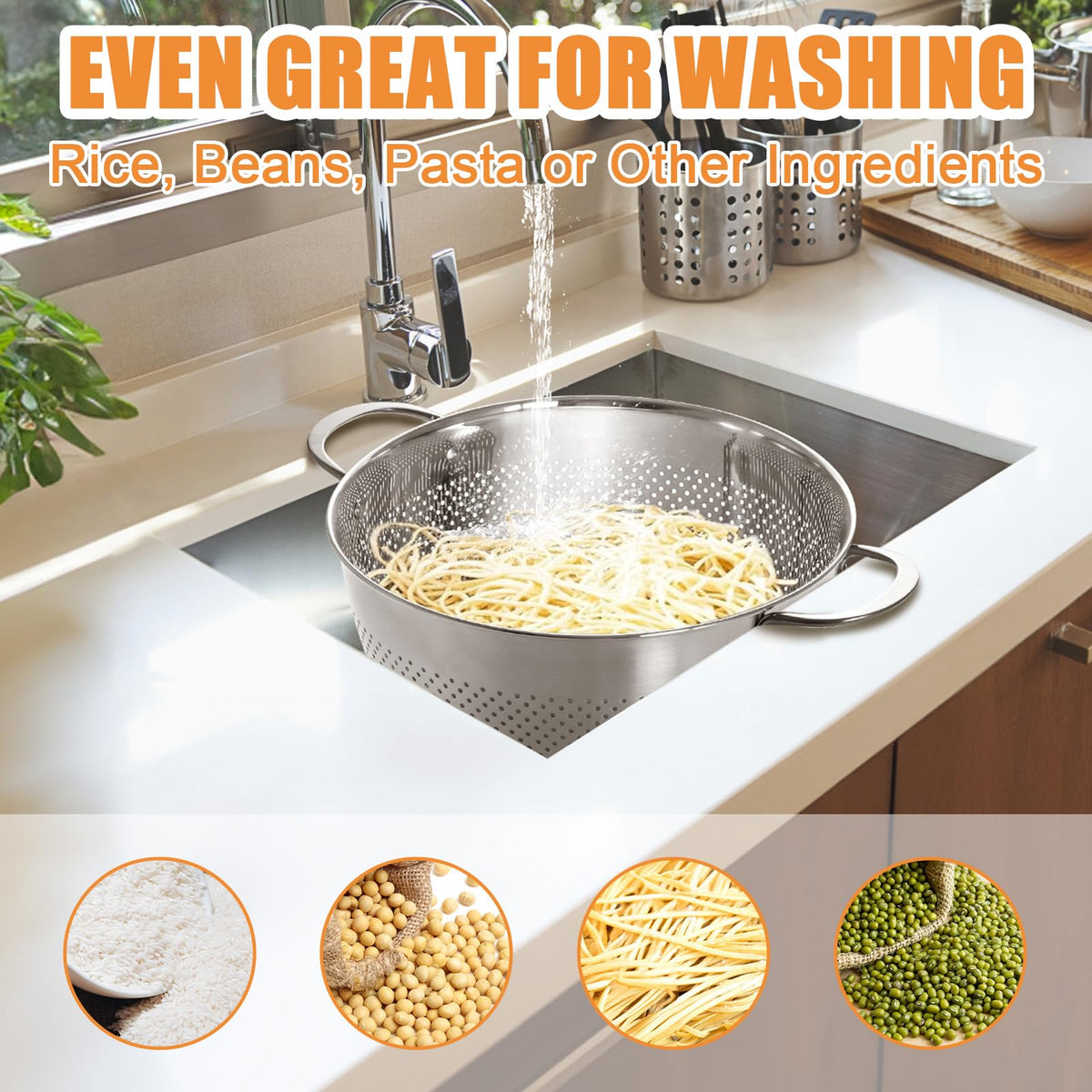 Stainless Steel Colander for Kitchen | 5 Quart Durable Rice and Pasta Strainer with Handle | Oversized Handles | Nesting Design | Rust-Resistant & Dishwasher Safe