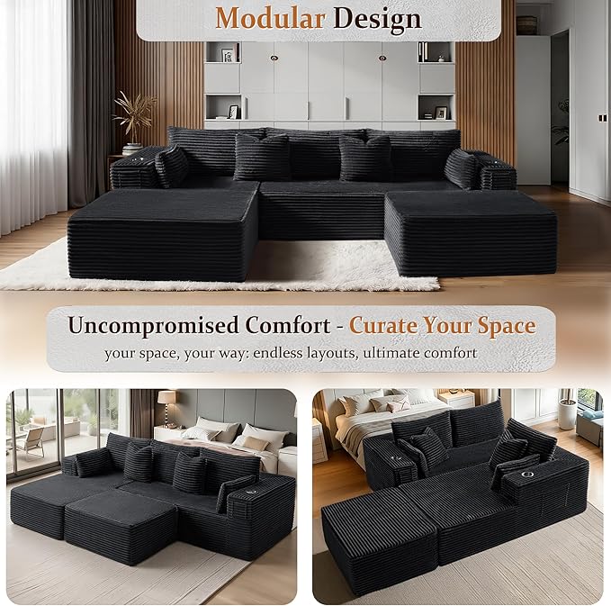 108" Oversized Cloud Sectional Couch, Comfort U Shaped Boneless Couch