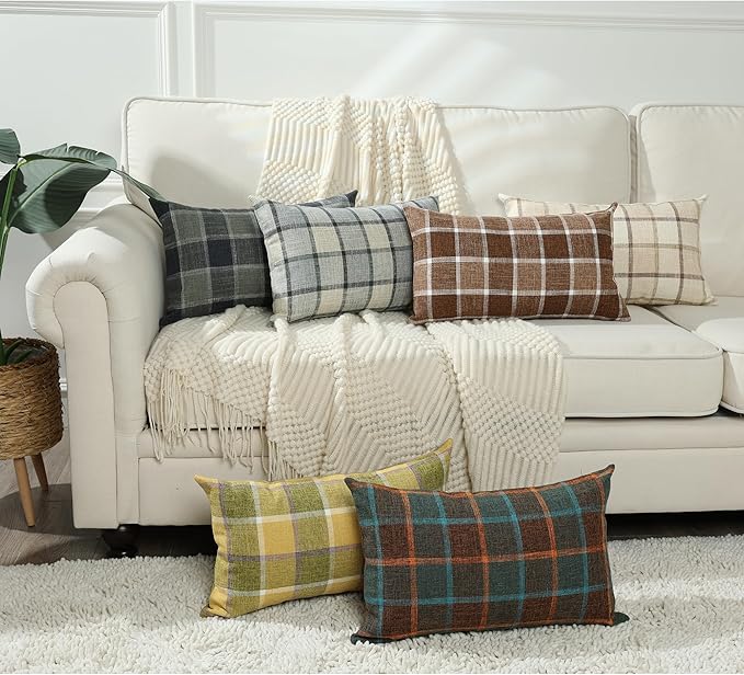 Stellhome Pack of 2 Fall Lumbar Linen Buffalo Check Throw Pillow Covers Autumn