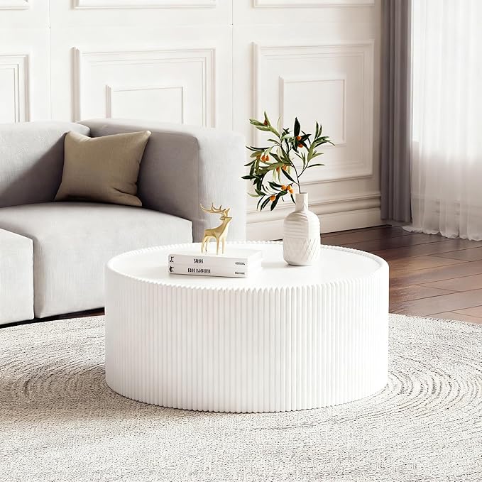 SSLine Round Drum Coffee Table Modern Sintered Stone Top Coffee Table in White