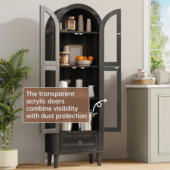 71" Tall Arched Cabinet with Acrylic Door, Modern Curio Arched Bookcase W/Drawer