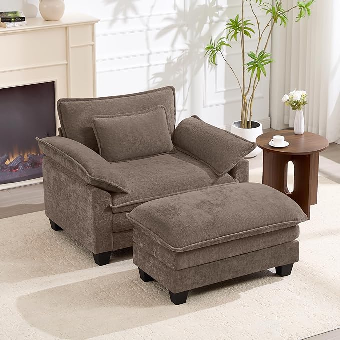 Oversized Accent Chair with Ottoman, Upholstered Armchair with Extra Thick