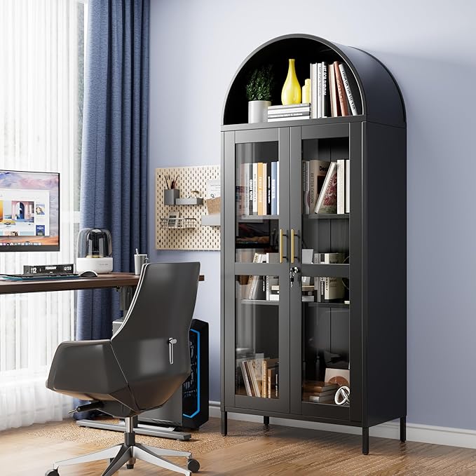 73" Black Metal Arched Display Cabinet