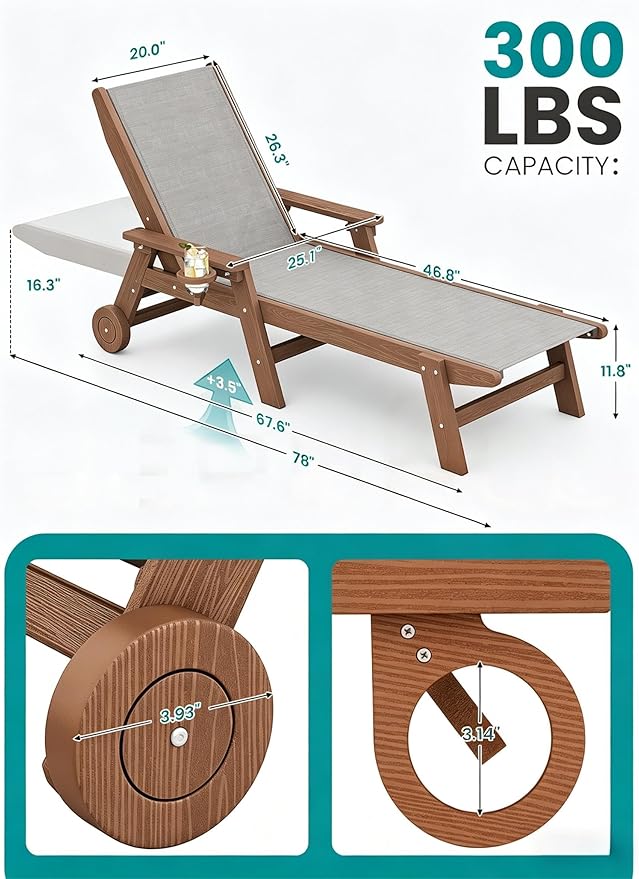 SERWALL Textilene Patio Chaise Lounge Chair Set of 2, 5 Positions Outdoor