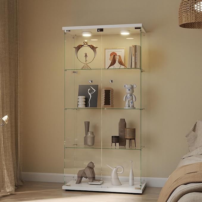 Display Cabinet with Light, Glass Door and Lock, 4-Shelf Fast Installation in