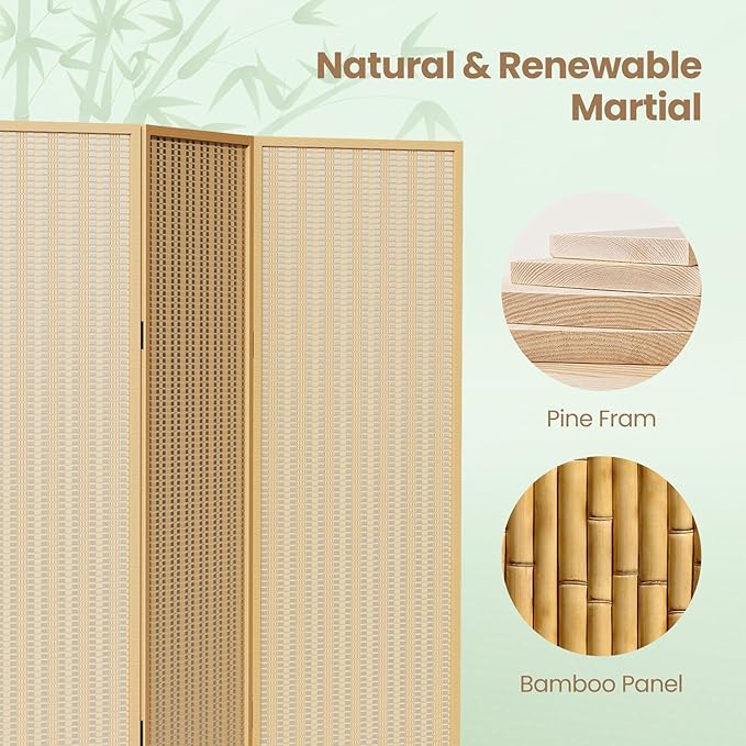 4 Panel Room Divider and Extra Wide Folding Privacy Screen, Bamboo Room Divider