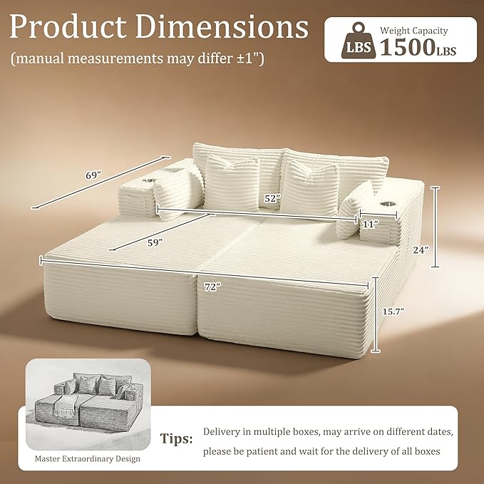 72" Cloud Sectional Couch, Comfort Sleep Sofa