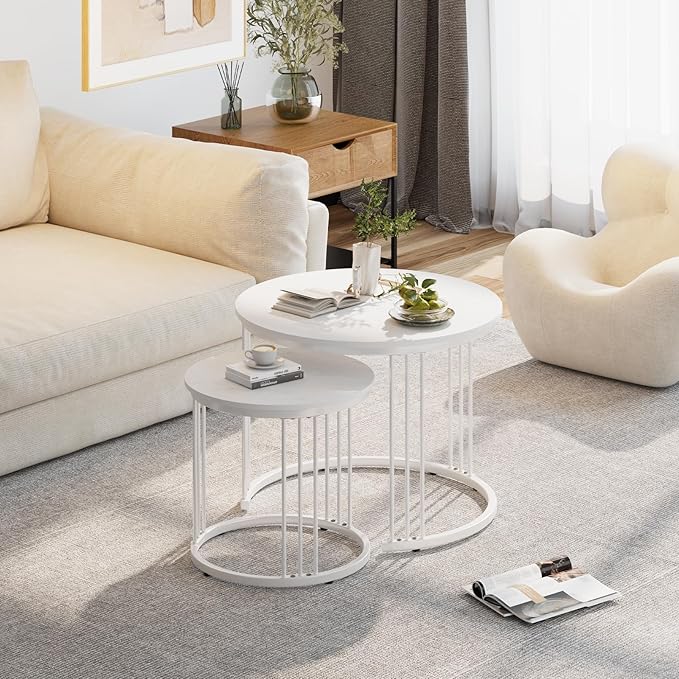 Garden 4 you Nesting Coffee Table, 23.6" Round Coffee Table Set of 2, Wooden