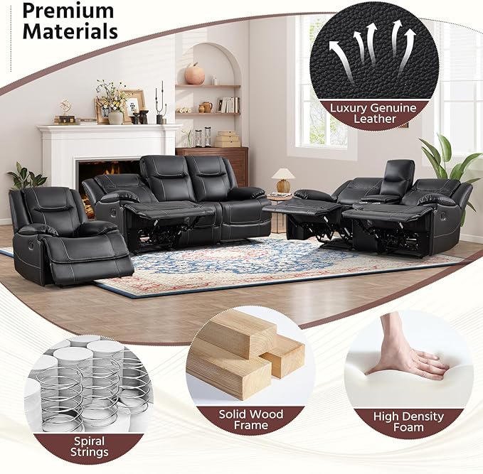 ANJ Premium Geniune Leather Manual Loveseat Recliner Sofa